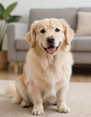 Cute Golden Retriever dog sitting on carpet in living room
