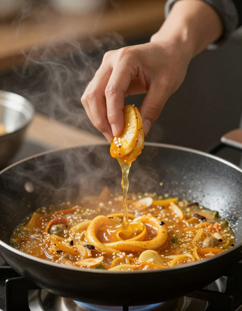 Woman cooking seafood in frying pan, closeup of hands