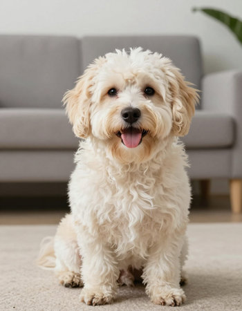 Cute dog sitting on carpet in living room. Cute pet