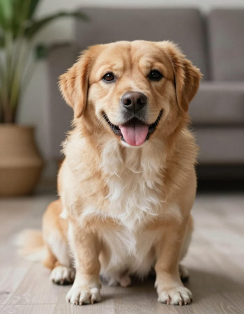 Cute golden retriever dog sitting on floor at home, closeupの写真素材