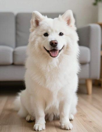 Cute Samoyed dog sitting on the floor in the living room