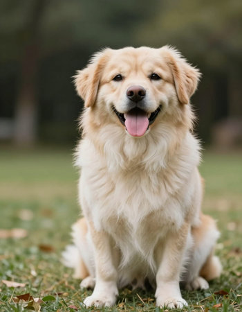 Portrait of a cute Golden Retriever sitting in the parkの写真素材