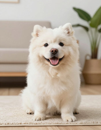 Cute Samoyed dog sitting on carpet in living room at homeの写真素材