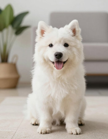 Cute Samoyed dog sitting on floor at home, closeupの写真素材