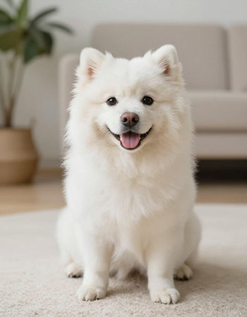 Portrait of a cute Samoyed dog sitting on the floorの写真素材
