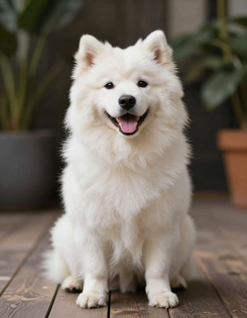 Cute Samoyed dog sitting on a wooden floor in the gardenの写真素材