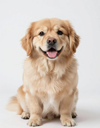 Cute Golden Retriever puppy sitting on white background. Studio shot.の写真素材