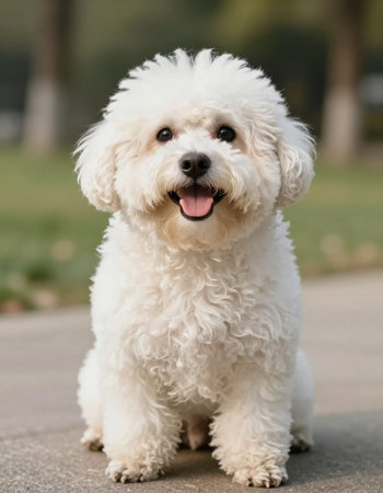 White Bichon Frise dog sitting in the park and smiling.の写真素材