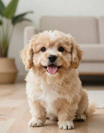 Cute dog with tongue out sitting on the floor at home.の写真素材