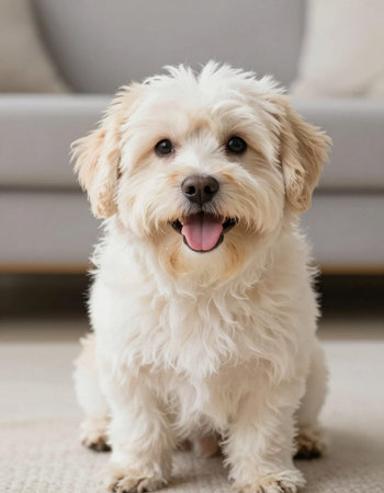 Portrait of a cute white Maltese dog sitting on the floor