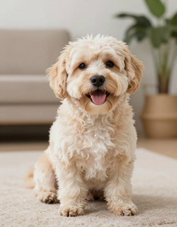 Cute little dog sitting on carpet at home and looking at cameraの写真素材
