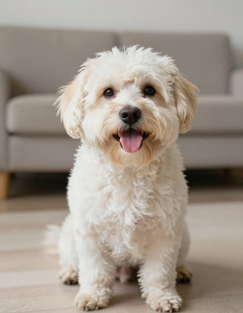Cute dog sitting on the floor in the living room at homeの写真素材