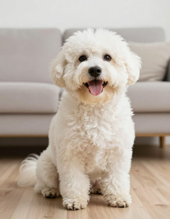 cute white bichon frise dog sitting on the floor at home