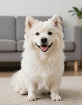 Cute Samoyed dog sitting on carpet in living room at homeの写真素材
