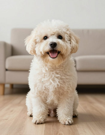 Cute white poodle sitting on the floor in the living roomの写真素材