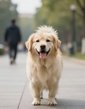 Golden Retriever standing on a path. Selective focus.の写真素材