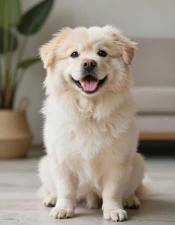 cute golden retriever dog sitting on the floor in living roomの写真素材