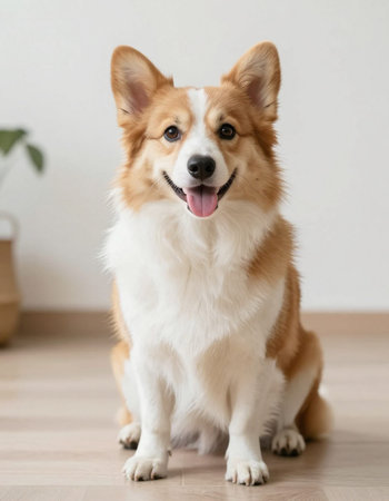 Cute welsh corgi dog sitting on wooden floor at homeの写真素材