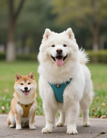 Samoyed dog and Shiba Inu dog in the parkの写真素材