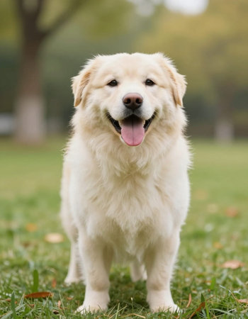 Portrait of a beautiful Golden Retriever dog in the parkの写真素材