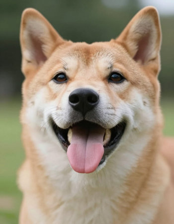 Shiba inu dog with tongue out, close-up portraitの写真素材