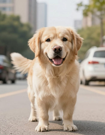 Golden Retriever dog standing on the road in the city.の写真素材