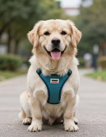 Golden Retriever puppy sitting on the road in the park.の写真素材