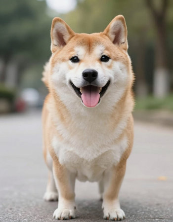 Shiba Inu dog standing on the road and looking at cameraの写真素材