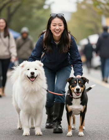 Japanese woman walking her dogs in the street (2 years old)の写真素材