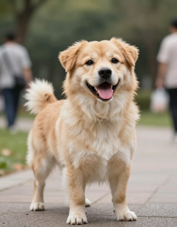 Portrait of a cute golden retriever standing in the park.の写真素材