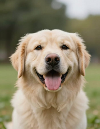 Portrait of a beautiful golden retriever dog in the park.の写真素材