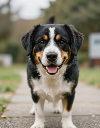 Portrait of a Bernese Mountain Dog standing on a paved path