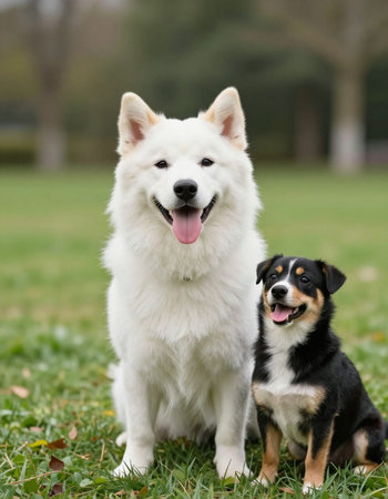 Portrait of an Australian Shepherd and Black and White Samoyedの写真素材