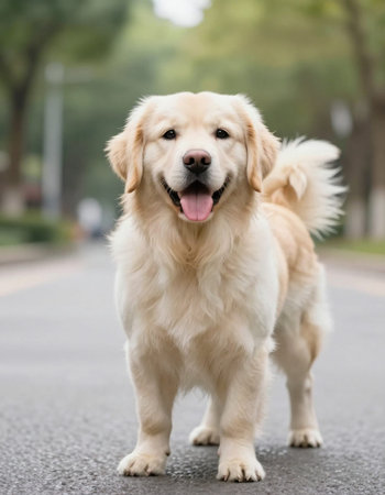 Golden Retriever is standing on the road in the park.の写真素材