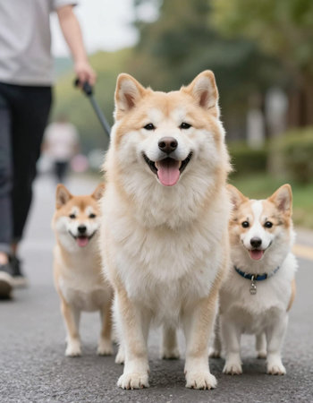 Group of dogs on a walk in the parkの写真素材