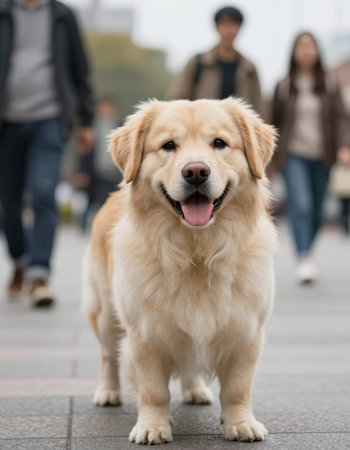 Golden Retriever standing on the street, looking at the camera