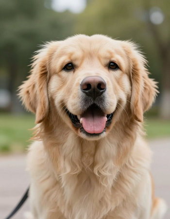 Portrait of a beautiful Golden Retriever dog in the parkの写真素材