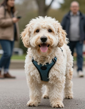 Australian Labradoodle dog in the park with a blurred background.の写真素材