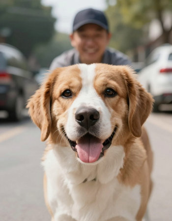 Portrait of a Beagle dog with a man in the backgroundの写真素材