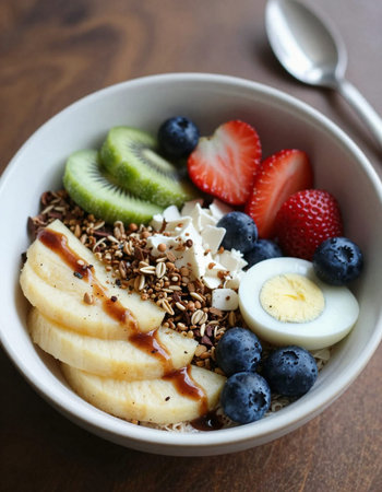 Breakfast bowl with oatmeal, banana, strawberries, blueberries, yogurt and granola