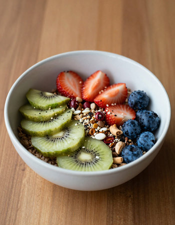 Healthy breakfast bowl with oatmeal, berries, fruits and nutsの写真素材