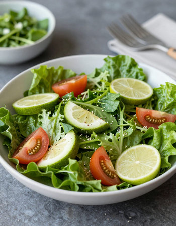 Green salad with cherry tomatoes and sesame seedsの写真素材