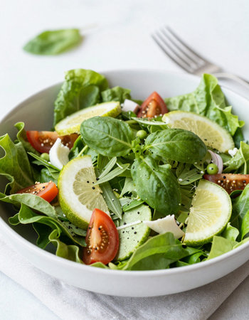 Fresh salad with arugula, cherry tomatoes, mozzarella cheese and sesame seeds in a bowl on a light backgroundの写真素材