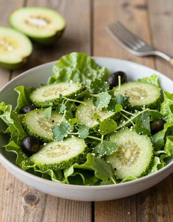 Salad with cucumber, arugula and black olivesの写真素材
