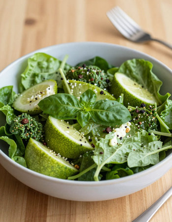 Green salad with spinach, lime and sesame seeds in a bowlの写真素材