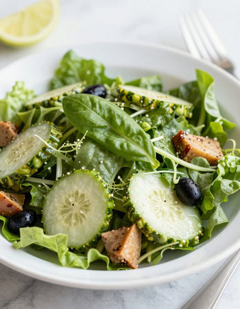 Fresh salad with arugula, cucumber, olives and sesame seeds.の写真素材
