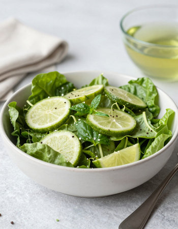 Green salad with lime, arugula and sesame seeds in a bowl, squareの写真素材