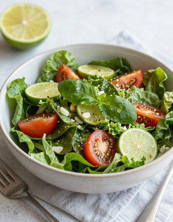 Fresh salad with cherry tomatoes, arugula and sesame seeds in a bowl on a light backgroundの写真素材