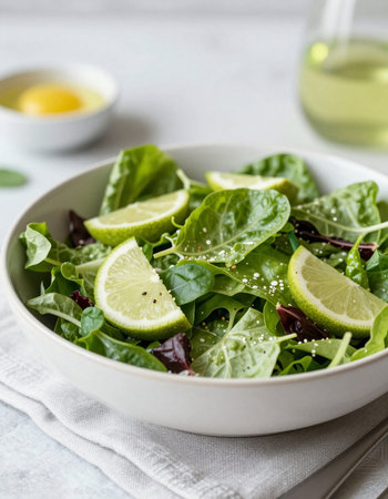 Fresh green salad with arugula, lime and sesame seeds. Healthy food concept.の写真素材