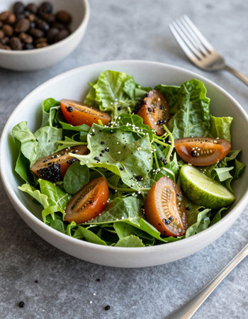 Salad with arugula, cherry tomatoes and black sesame seeds in a bowlの写真素材